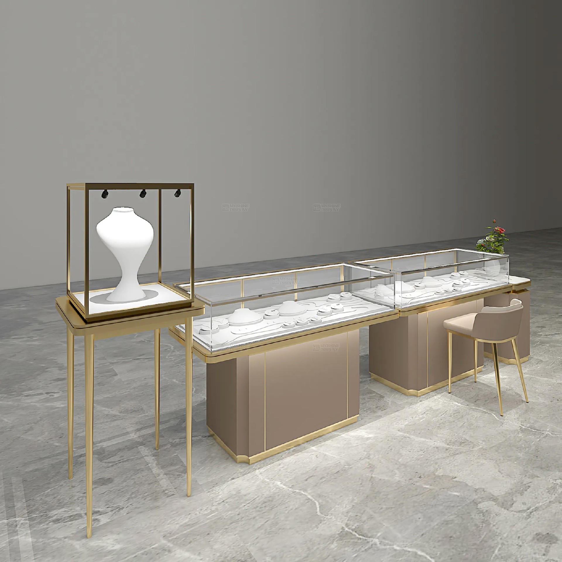 MYSHINE DISPLAY Sophisticated Metal-Glass Jewelry Showcase with Consultation Space 119
