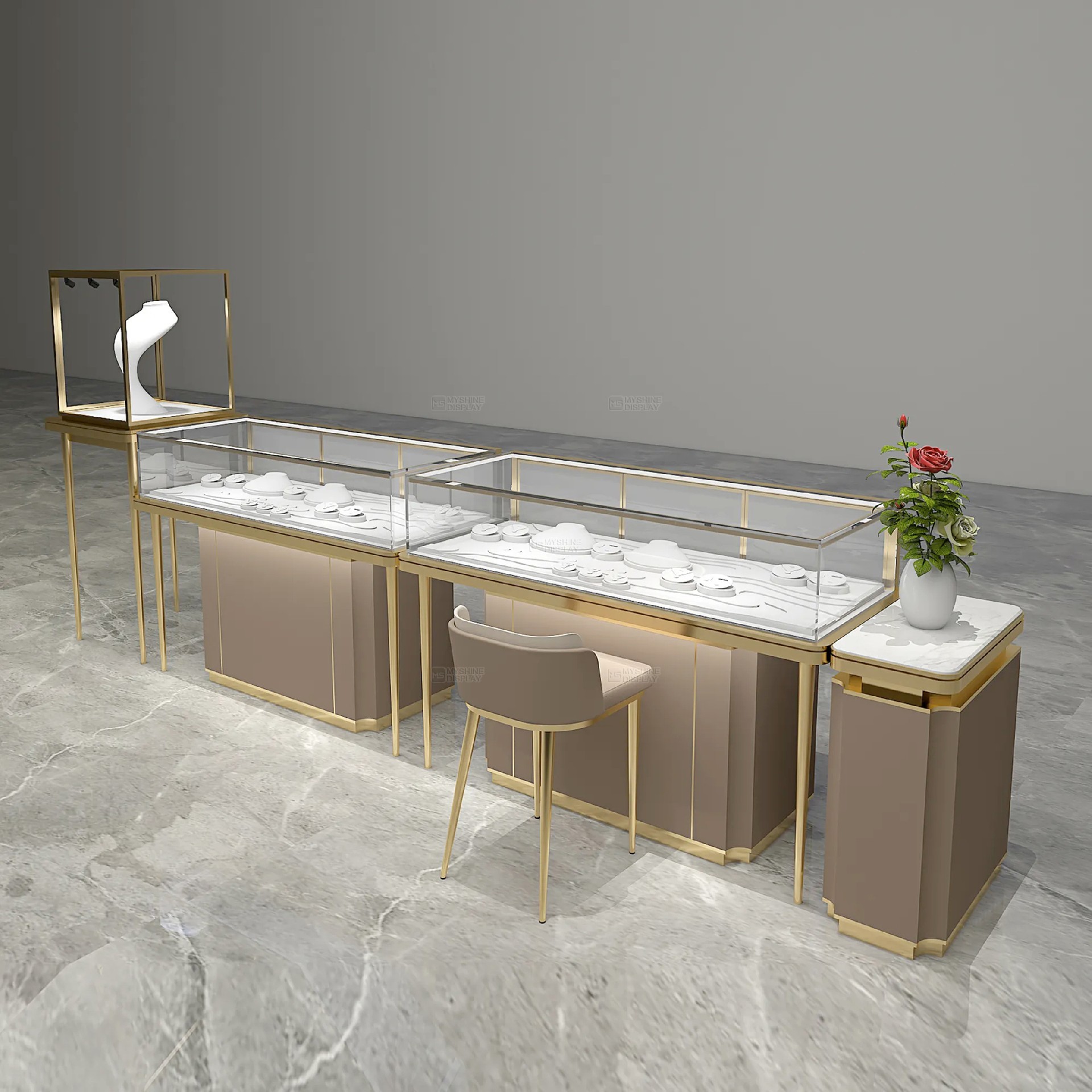 MYSHINE DISPLAY Sophisticated Metal-Glass Jewelry Showcase with Consultation Space 119