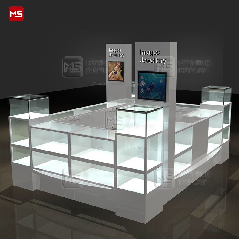 MYSHINE DISPLAY Silver jewelry glass display kiosk with led strip lights K45