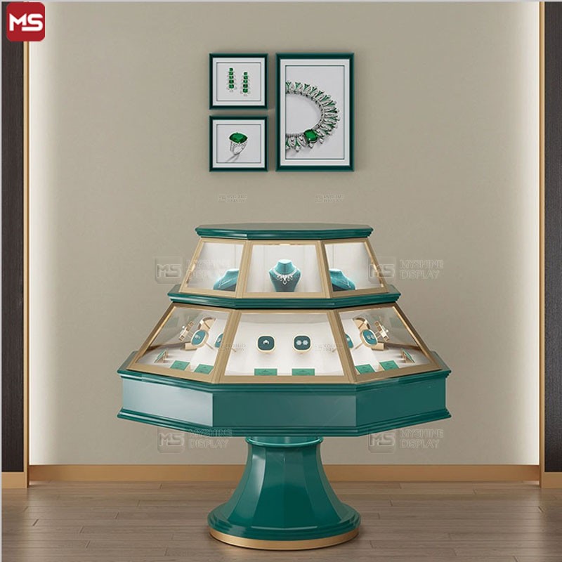 Octagonal tower shape jewelry display glass cabinet high-end luxury green MYSHINE DISPLAY