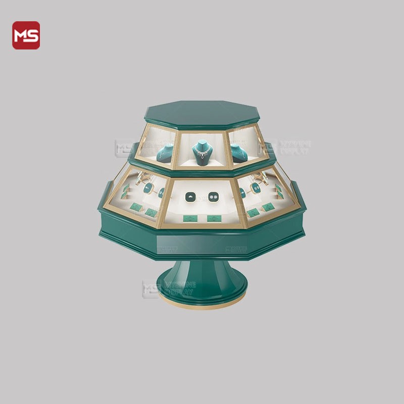 Octagonal tower shape jewelry display glass cabinet high-end luxury green MYSHINE DISPLAY