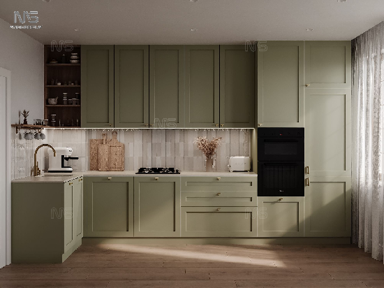 MYSHINE DISPLAY Green Pastoral Style Kitchen Cabinet Design, Made with High-Quality MDF Plywood No.60