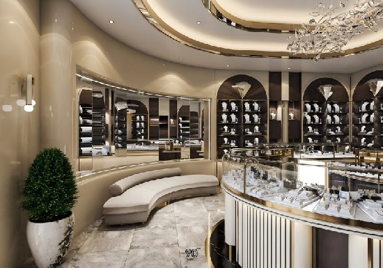 Luxury jewelry wall display, European jewelry store design, arched jewelry showcase, custom retail display, MS DISPLAY LTD fixtures