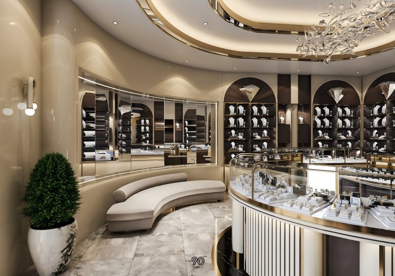 Luxury jewelry wall display, European jewelry store design, arched jewelry showcase, custom retail display, MS DISPLAY LTD fixtures