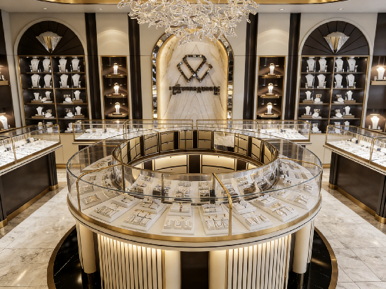 Gilded Marble & Dark Wood Luxury Jewelry Store Design