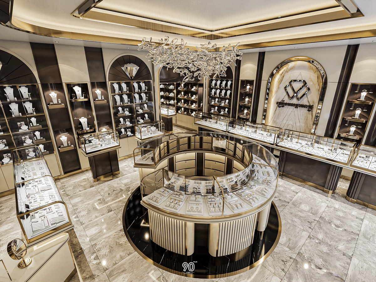 Gilded Marble & Dark Wood Luxury Jewelry Store Design