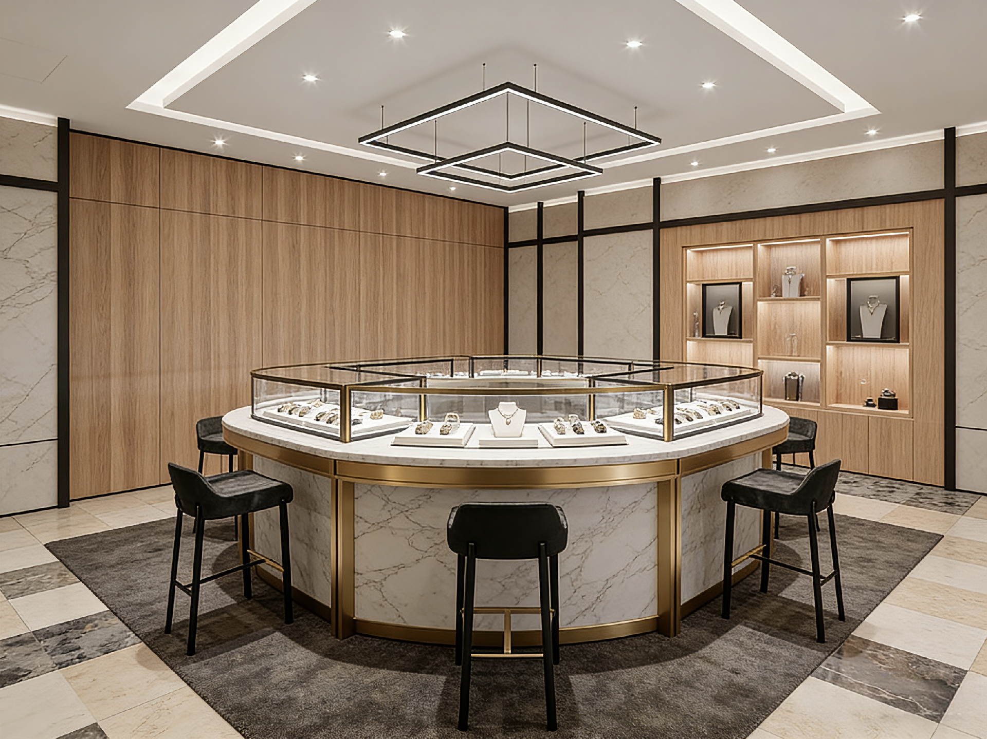 Gold Wood Contemporary Jewelry Store Design