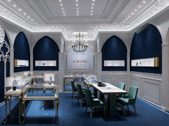Gothic-Style Navy & White Luxury Jewelry Store Interior Design