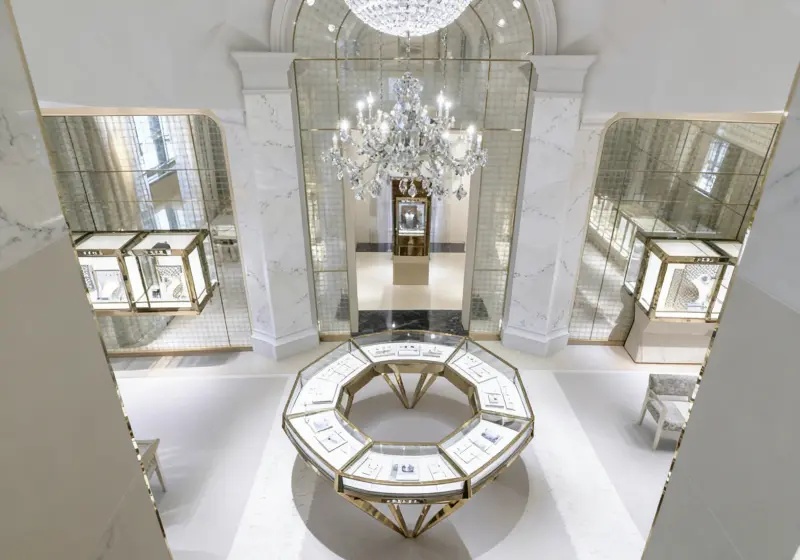 Marble & Gold Palace-Style Luxury Jewelry Store Interior Design