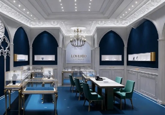 Gothic-Style Navy & White Luxury Jewelry Store Interior Design