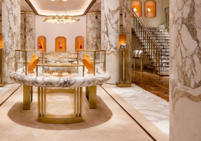 Luxury Marble Jewelry Store Display — Black Line & Steel Collection
