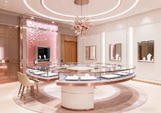 Rose Gold & Blush Elegant Luxury Jewelry Store with Circular Displays