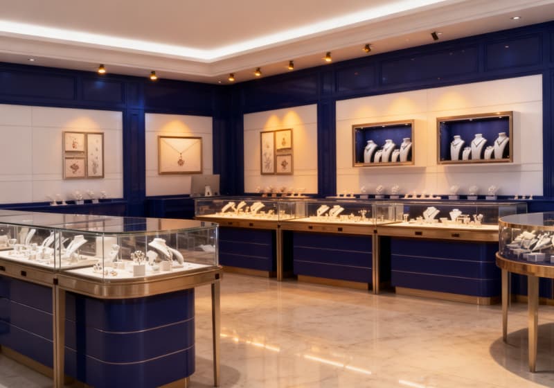 Royal Navy & Gold Luxury Grand Jewelry Store Design