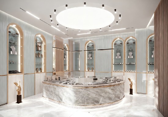 Soft Mist White & Beige Elegant Light Luxury Jewelry Store with Arch Showcases