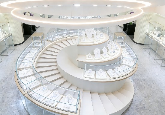 White & Light Wood Art-Luxury Jewelry Store with Spiral Staircase Displays
