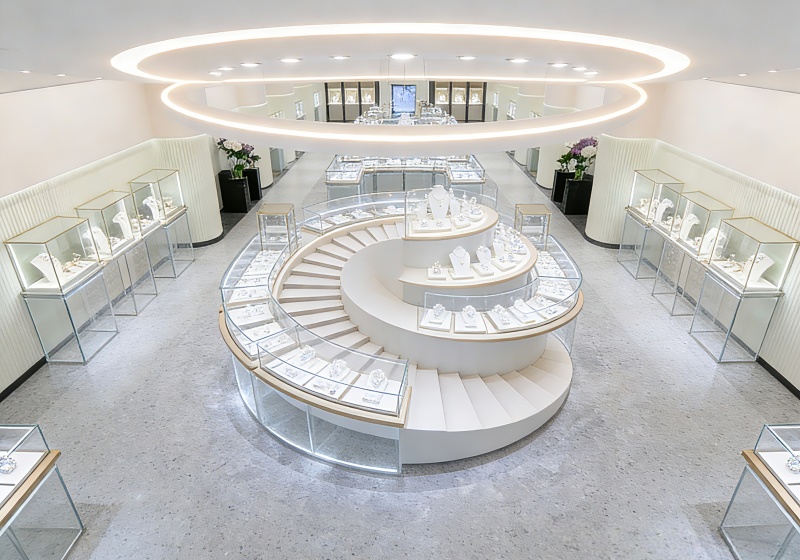 White & Light Wood Art-Luxury Jewelry Store with Spiral Staircase Displays