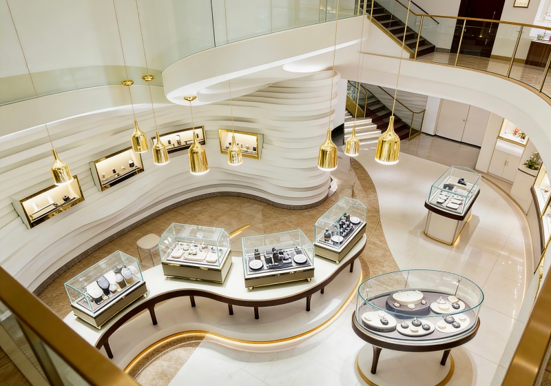 White & Gold Wave-Texture Double-Level Art-Luxury Jewelry Store