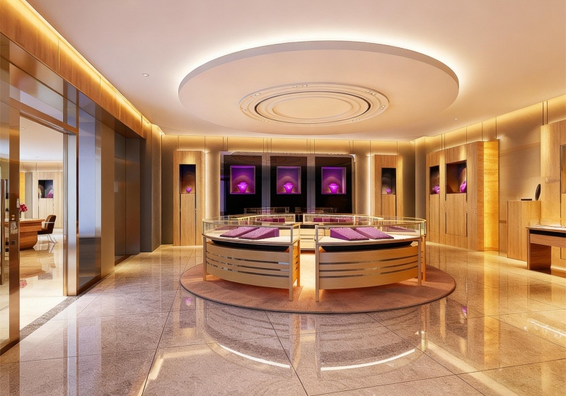 Warm Gold & Light Wood Luxury Jewelry Store with Purple Accents