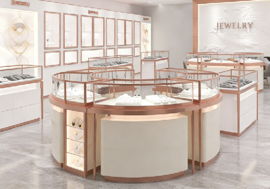 Luxury Rose Gold Curved Jewelry Display Showcase