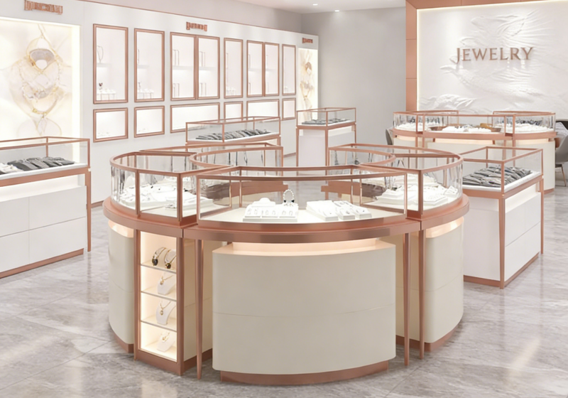 Luxury Rose Gold Curved Jewelry Display Showcase