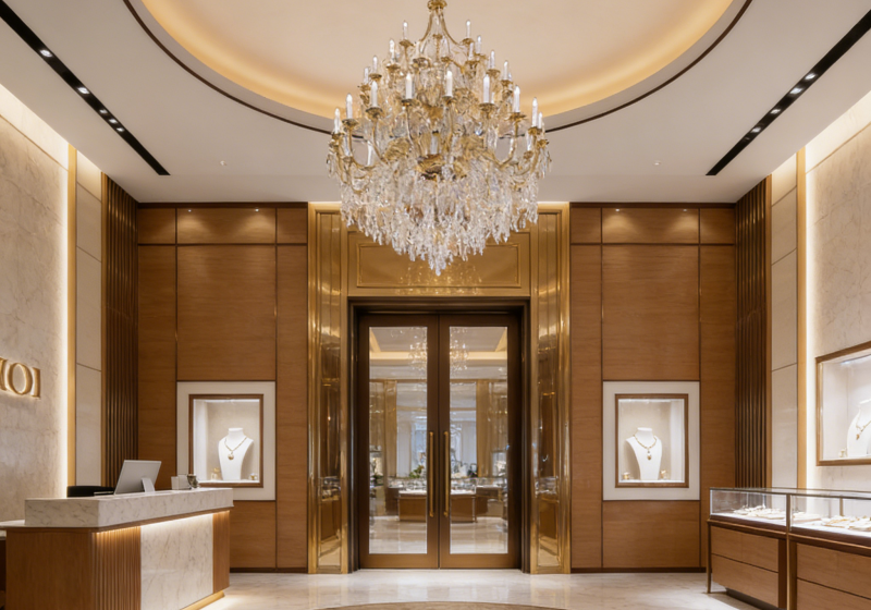 Classic Walnut & Gold Luxury Jewelry Display Showcase