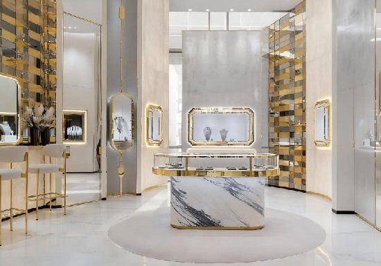 Gold & Marble Modern Opulence Jewelry Store with Mirror Accents