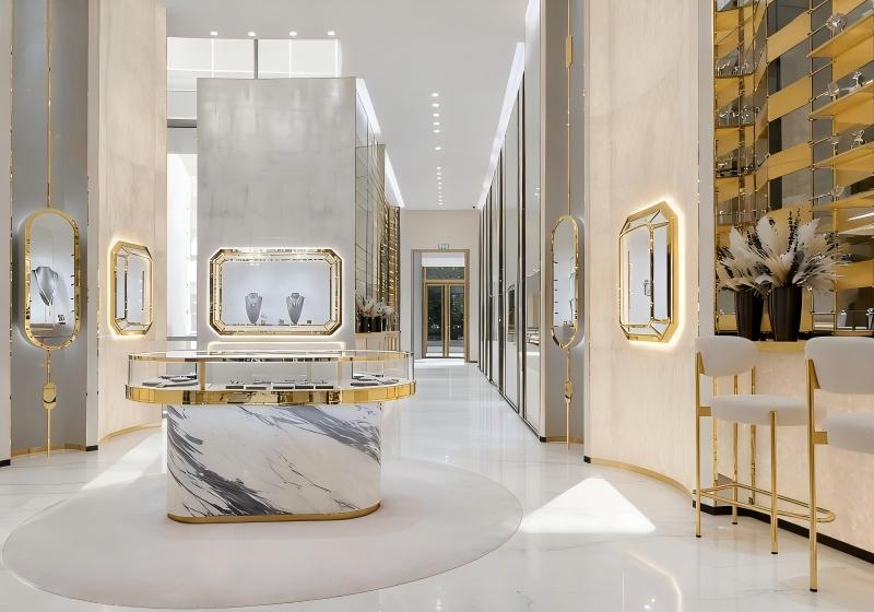 Gold & Marble Modern Opulence Jewelry Store with Mirror Accents