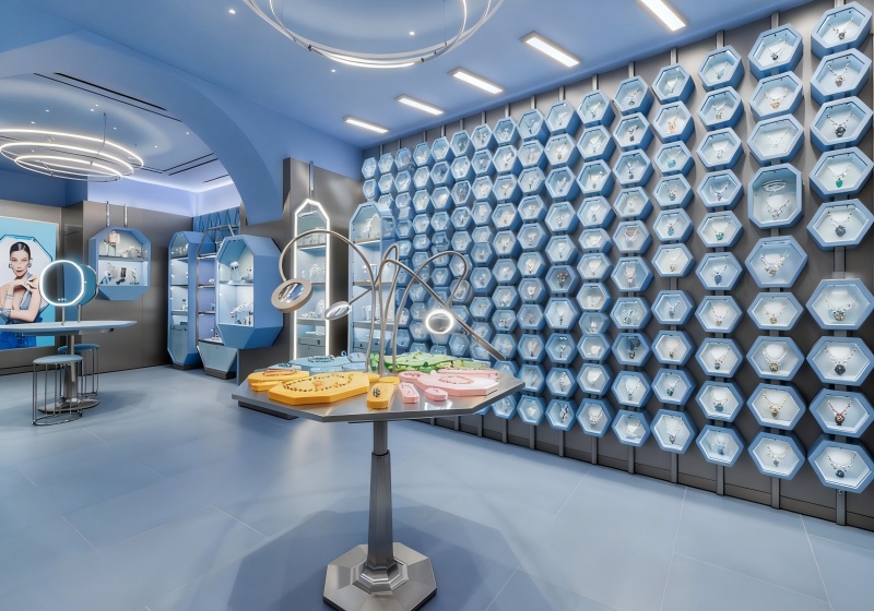 Pastel Blue & Techy Hexagonal Experimental Trend Jewelry Store