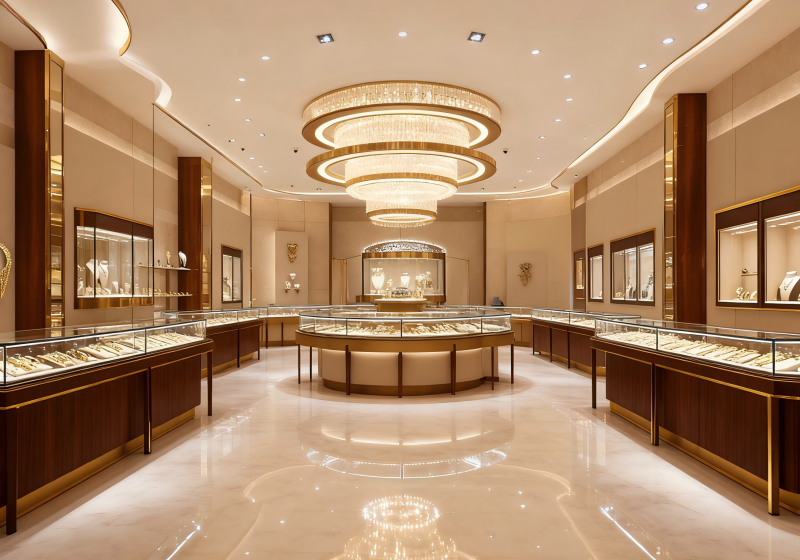 Dark Walnut & Warm Gold Opulent Elegant Jewelry Store