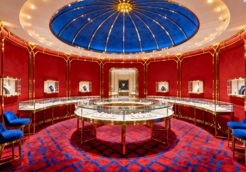 Scarlet Red & Royal Blue Opulent Palace-Style Jewelry Store