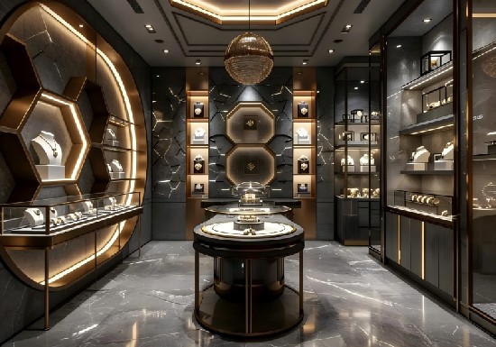 Charcoal Gray & Black Gold Futuristic Opulent Jewelry Store