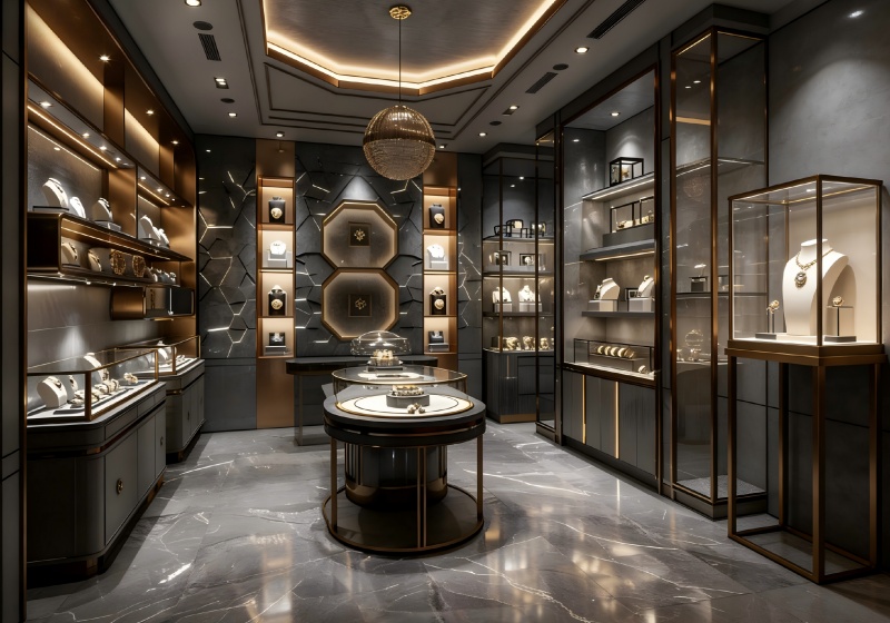Charcoal Gray & Black Gold Futuristic Opulent Jewelry Store