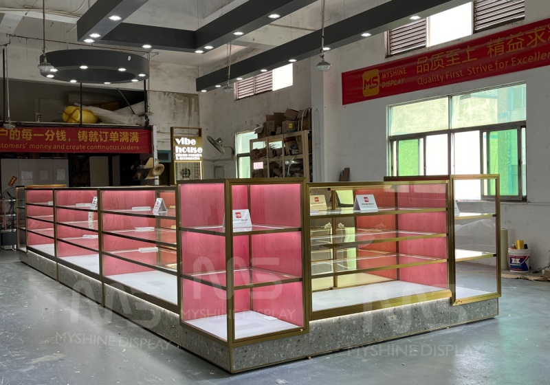 Warm Gold & Pink Velvet Multi-Tiered Jewelry Wall Showcase