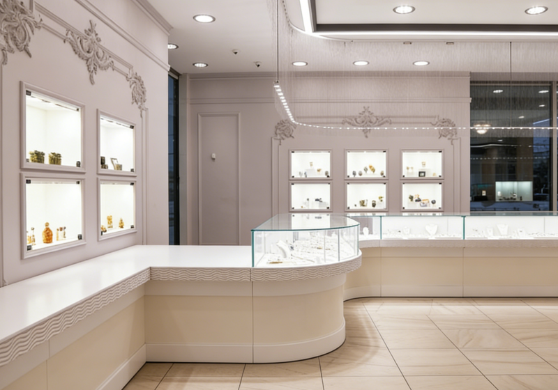 Elegant Curved Jewelry Display Cases: Timeless Luxury for Your Boutique