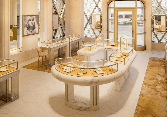 Yellow-orange shining jewelry shop interior design