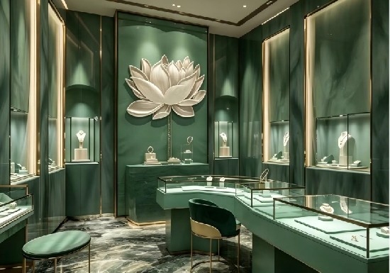 Emerald Green & Gold Luxury Jewelry Store Display Suite with Lotus Art Focal Wall