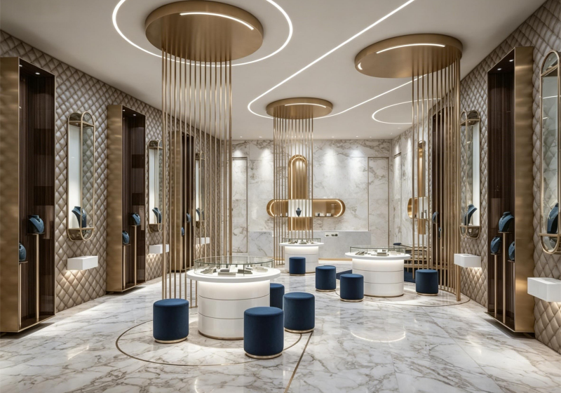 Modern Luxury White & Gold High-End Jewelry Store Display Suite with Vertical Partition Design