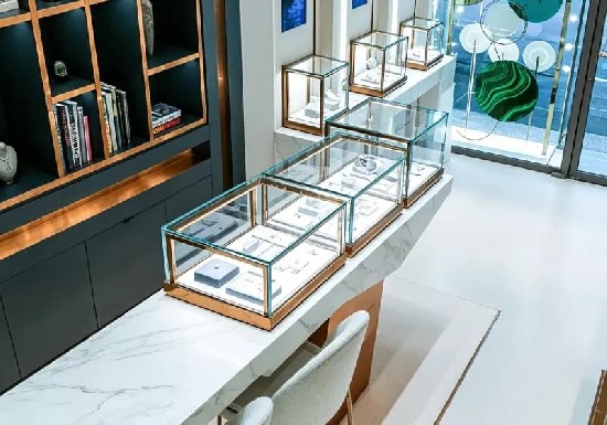 A high-end, modern luxury jewelry shop