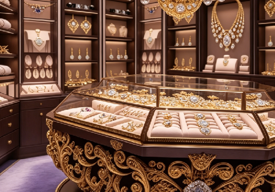 Luxury Ornate Gold & Wood Jewelry Display Cabinets