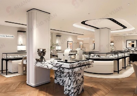 Modern Black-and-White Jewelry Boutique: Sleek Minimalism, Open Concept, and Timeless Elegance for Contemporary Luxury Retail