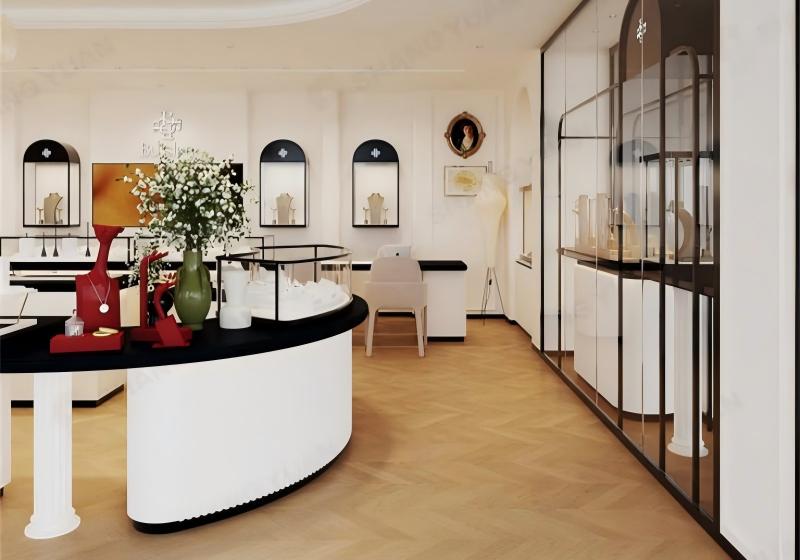 Modern Black-and-White Jewelry Boutique: Sleek Minimalism, Open Concept, and Timeless Elegance for Contemporary Luxury Retail