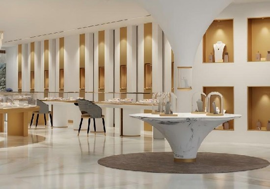 Sculptural Marble & Warm Gold Jewelry Gallery: A Serene, Light-Filled Haven for Fine Jewels