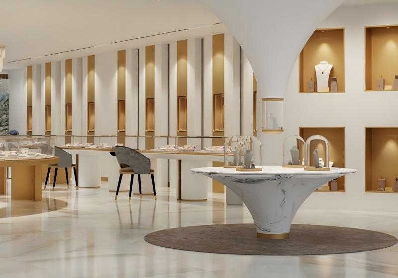 Sculptural Marble & Warm Gold Jewelry Gallery: A Serene, Light-Filled Haven for Fine Jewels