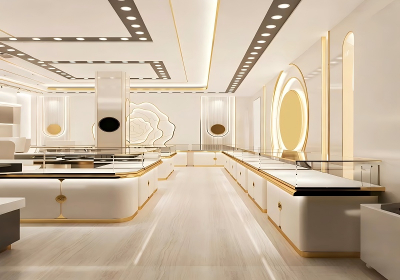 Modern Cream & Gold Luxury Jewelry Boutique Interior Design