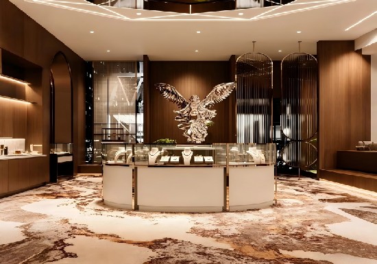 Modern Dark Wood & Bronze Luxury Jewelry Boutique Interior Design