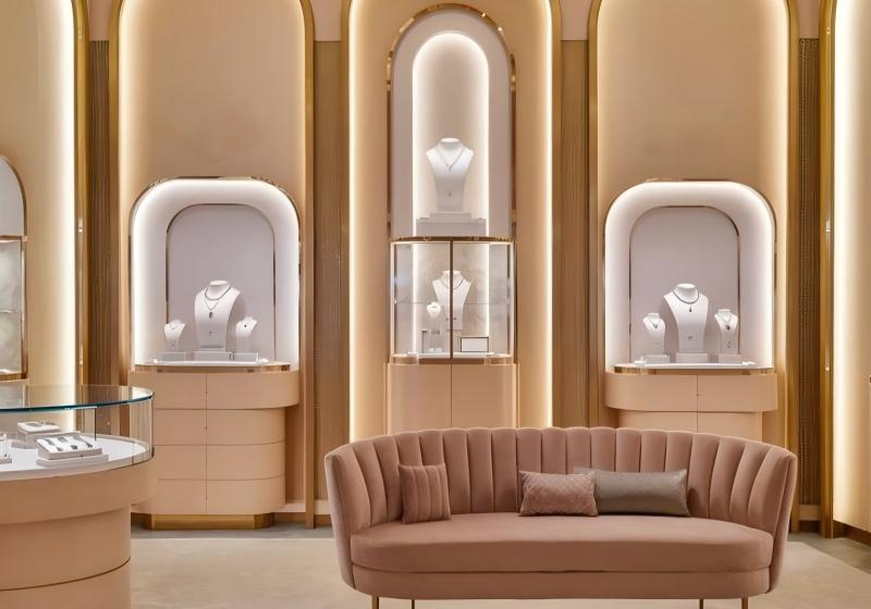 Soft Blush & Gold Jewelry Boutique: Curved Arched Displays and Velvet Lounge Seating for an Intimate Luxury Experience