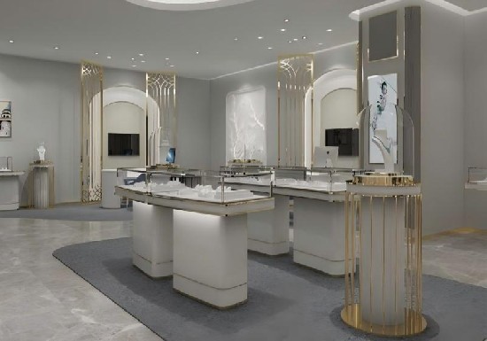 Art Deco-Inspired White & Gold Jewelry Boutique: Sleek Modern Displays with Geometric Metalwork for Timeless Luxury Retail