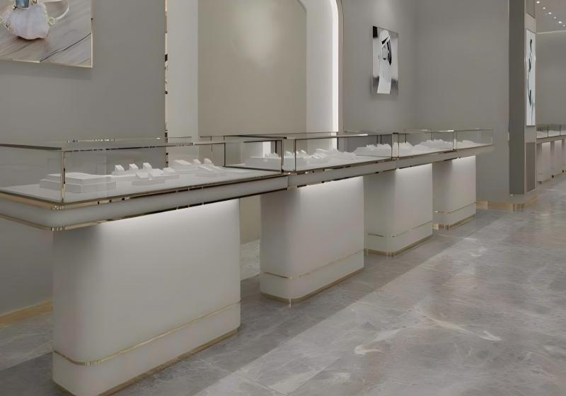 Art Deco-Inspired White & Gold Jewelry Boutique: Sleek Modern Displays with Geometric Metalwork for Timeless Luxury Retail