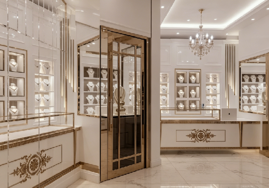 Custom Luxury White & Gold Jewelry Store Display Cabinets