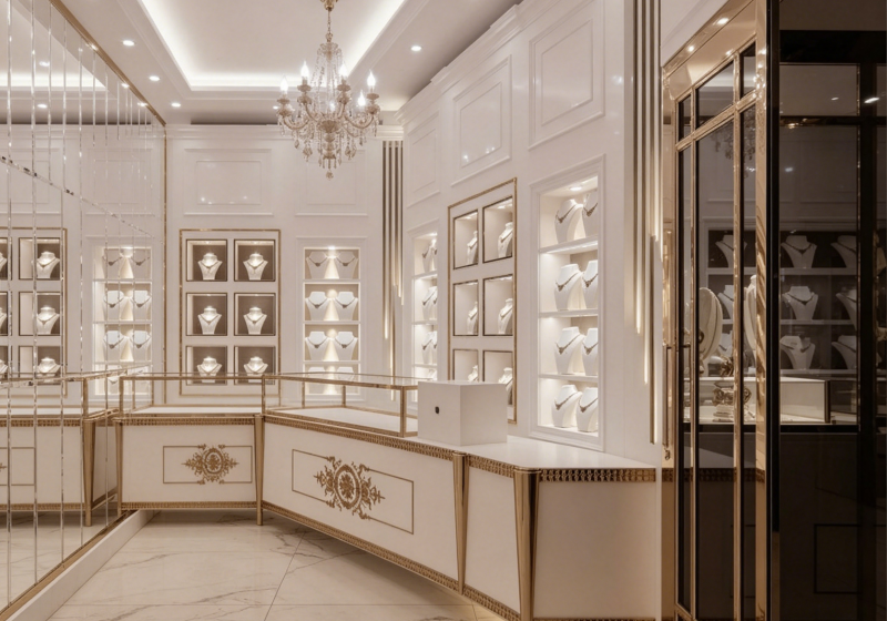Custom Luxury White & Gold Jewelry Store Display Cabinets